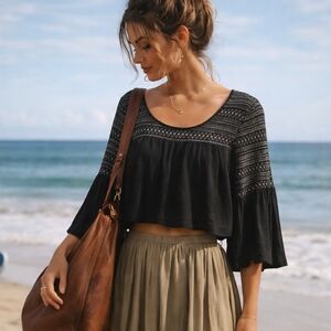 Free People Beach Black 3/4 Sleeve Smocked Peasant Blouse Size Medium NWT